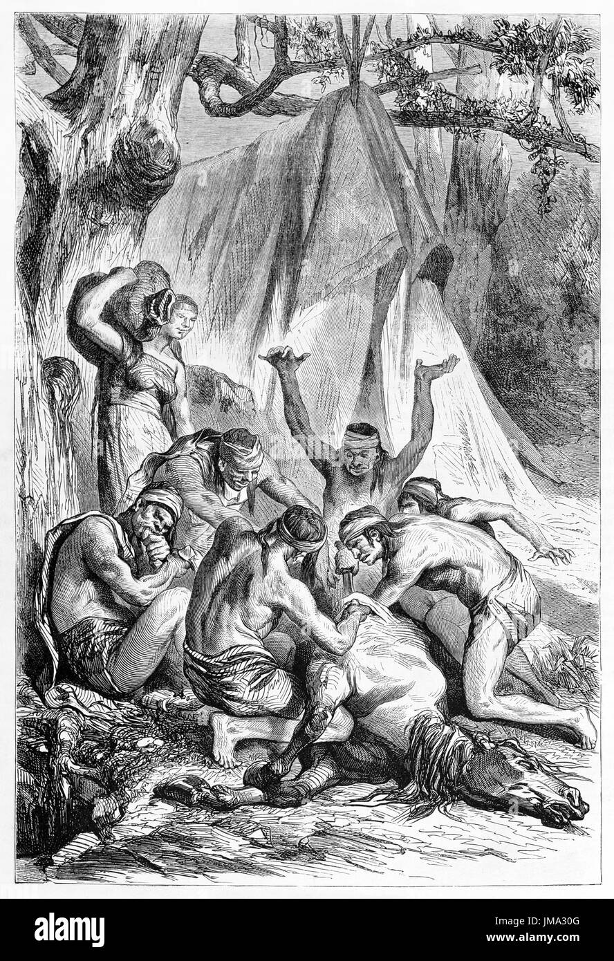 Vieille illustration du sacrifice rituel de Patagonie cheval par les autochtones. Créé par Castelli, publié sur le Tour du Monde, Paris, 1861 Banque D'Images