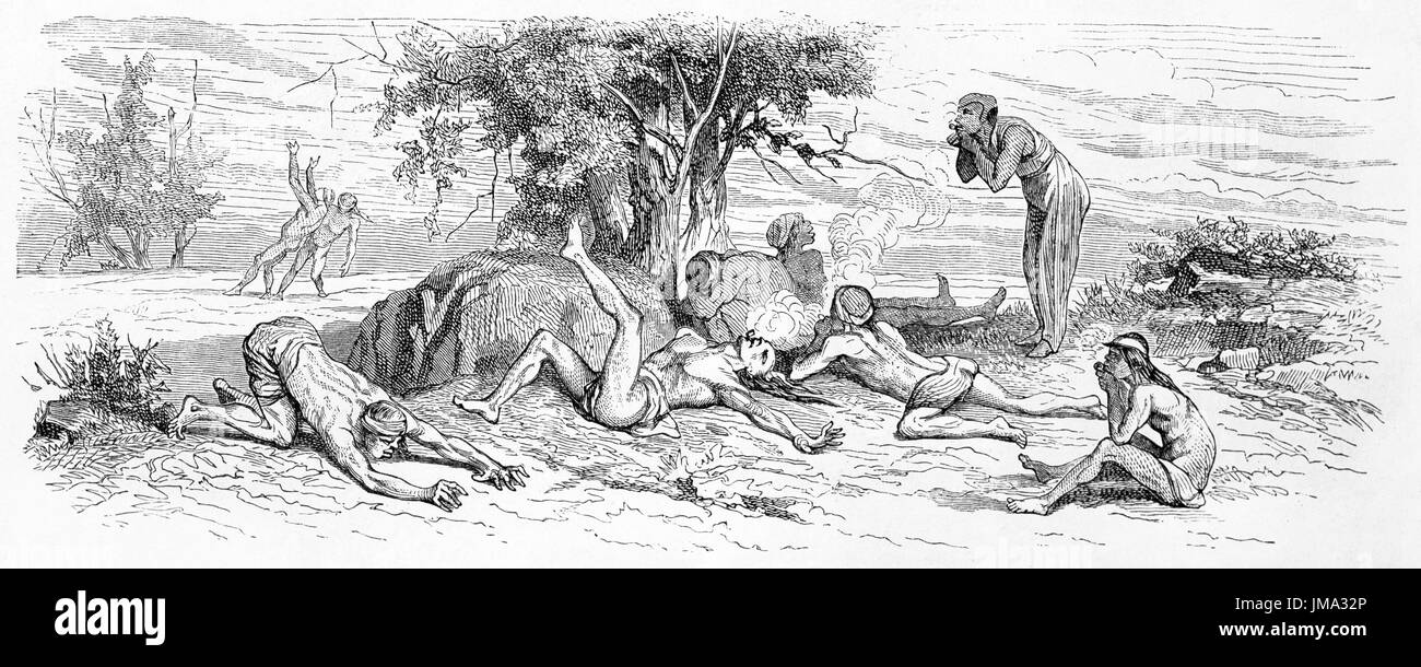 Vieille illustration d'indigènes de Patagonie intoxiquées par l'alcohol and tobacco. Créé par Castelli, publié sur le Tour du Monde, Paris, 1861 Banque D'Images