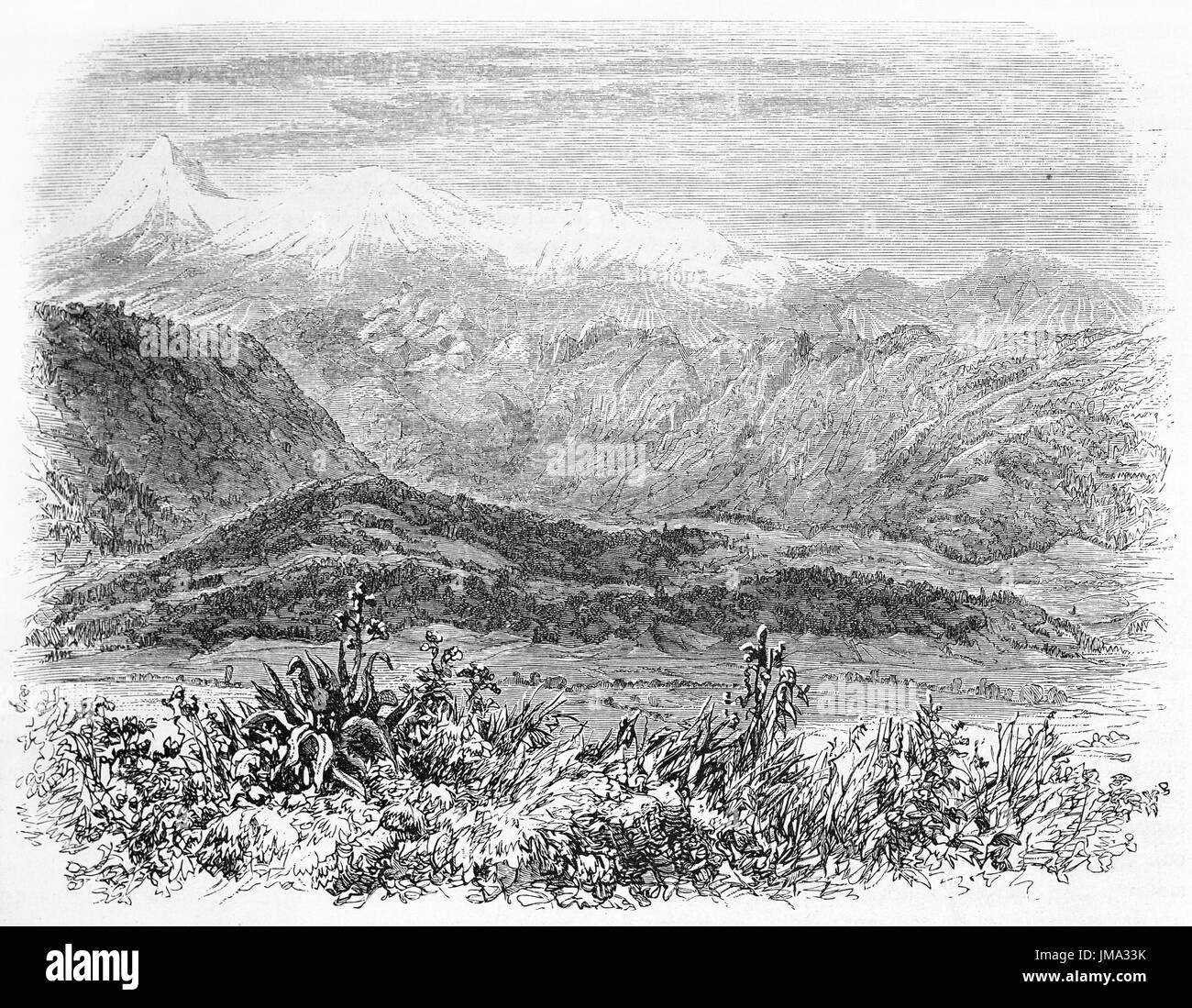 Vue ancienne de l'Iztaccihuati mont, au Mexique. Créé par Sabatier et Maurand après Laveirière, publié sur le Tour du Monde, Paris, 1861 Banque D'Images