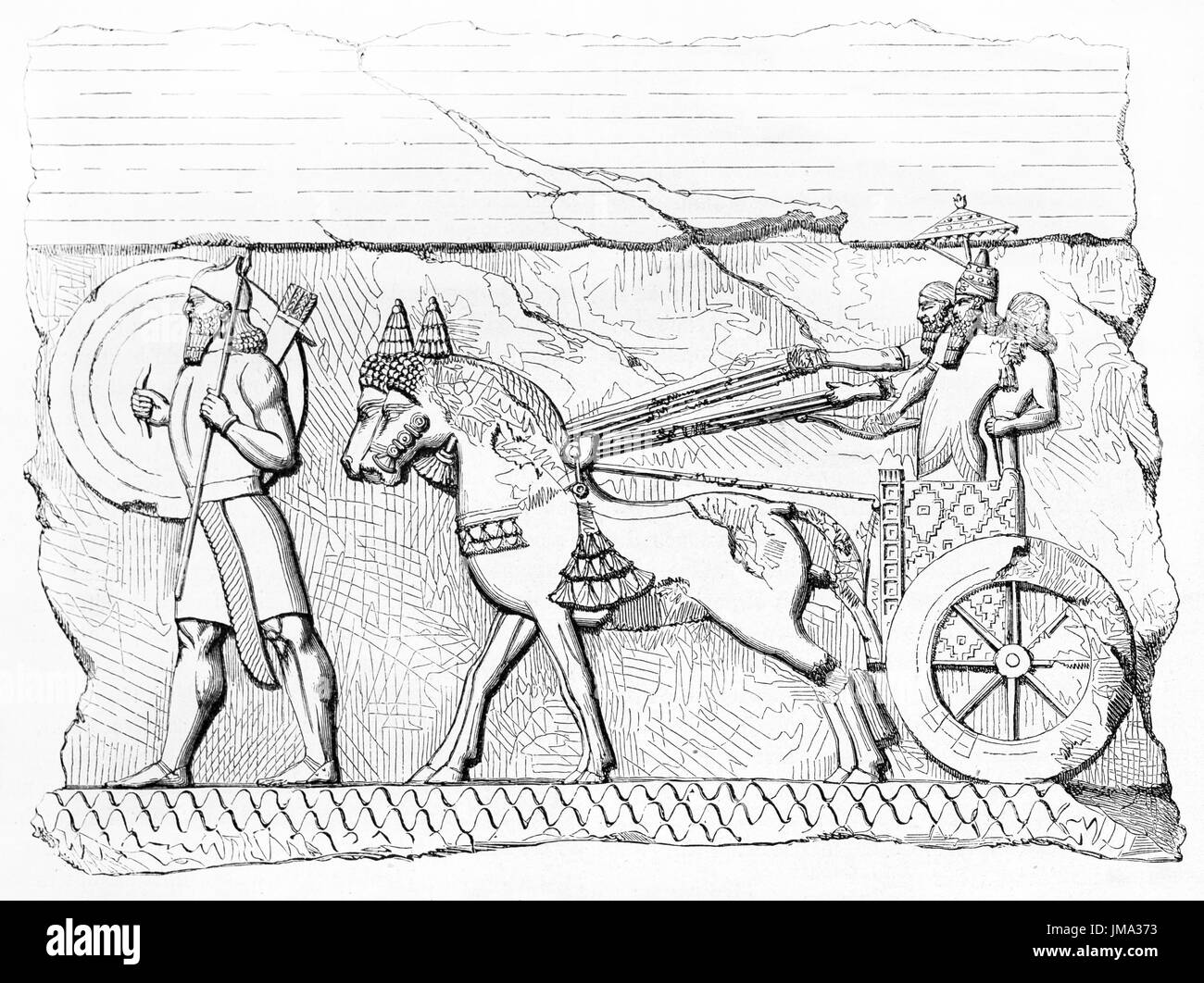 Vieille illustration de Khorsabad (bas-relief assyrien antique, capitale du nord de l'Irak). Créé par Flandin, publié sur le Tour du Monde, Paris, 1861. Banque D'Images
