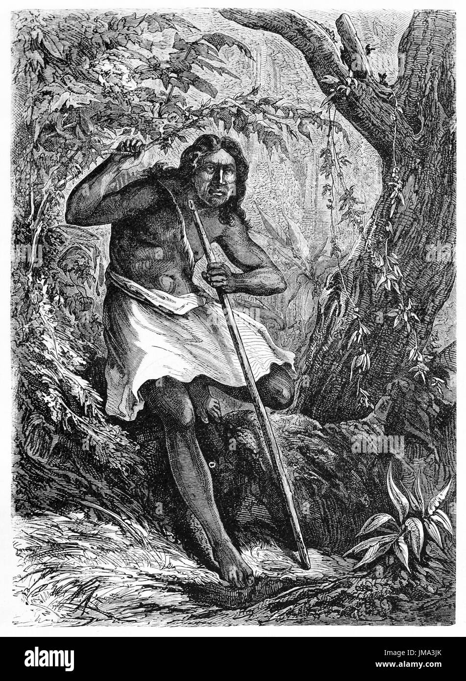 Ancien portrait gravé de Machicuy, natif d'Amazonas. Créé par Pelcoq et Sargent après Demersay, publié sur le Tour du Monde, Paris, 1861 Banque D'Images