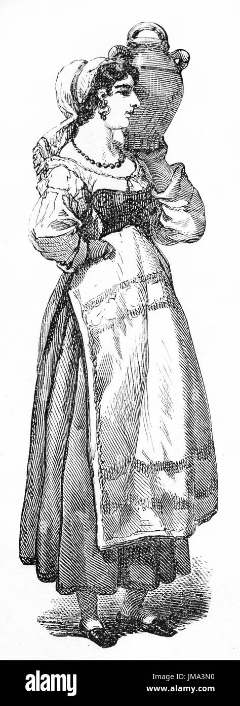 Ancien portrait gravé de la napolitaine servante, Italie. Créé par Ferogio, publié sur le Tour du Monde, Paris, 1861 Banque D'Images