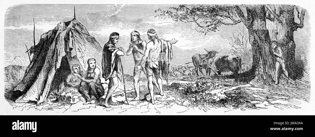 Proposition de mariage parmi les indigènes patagoniens demandant la fille à un père à l'extérieur près de la hutte de peaux. L'art antique par Riou, le Tour du monde, 1861 Banque D'Images