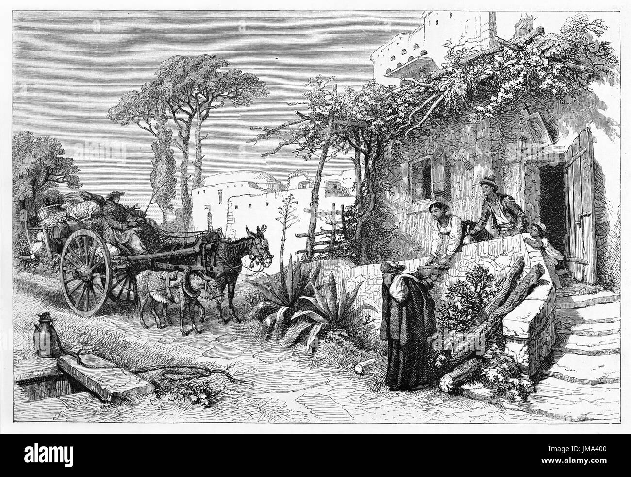 Les mendiants frères vont avec le transport parmi les vieilles maisons acceptant des cadeaux, Naples, Italie. Art de style gravure antique par Ferogio, le Tour du monde, 1861 Banque D'Images