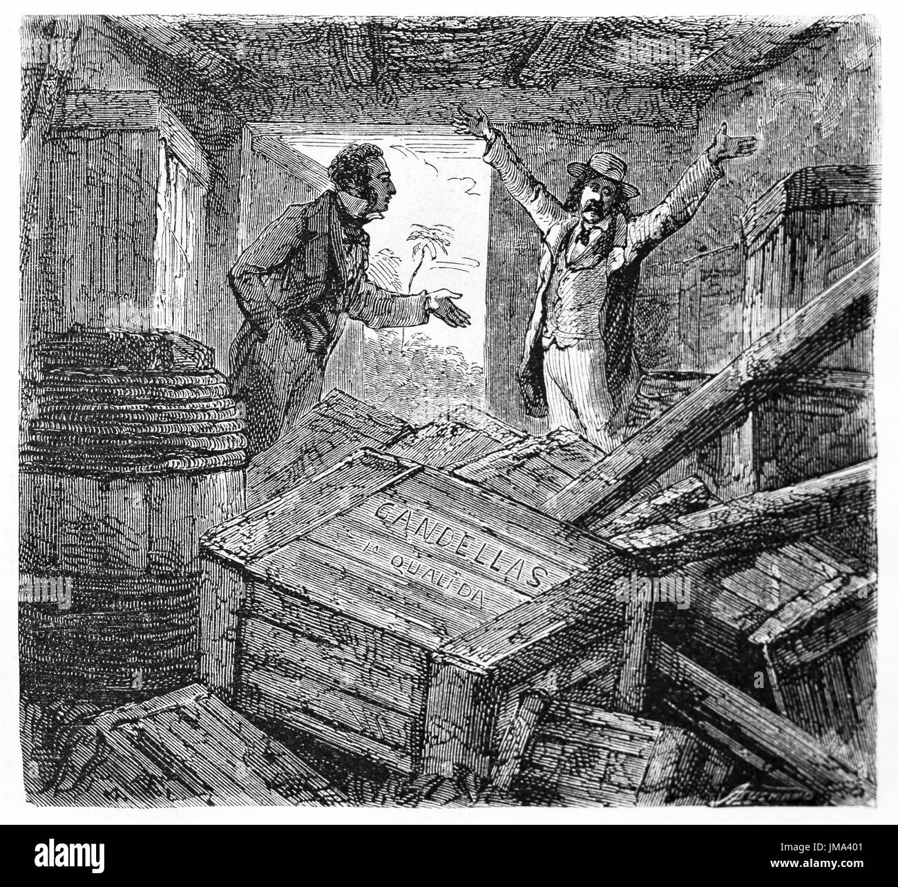 Voyageur se plaignant d'une chambre désordonnée pleine de caisses en bois qui lui ont été attribuées au Brésil. L'art de la gravure antique auteur non identifié, le Tour du monde, 1861 Banque D'Images