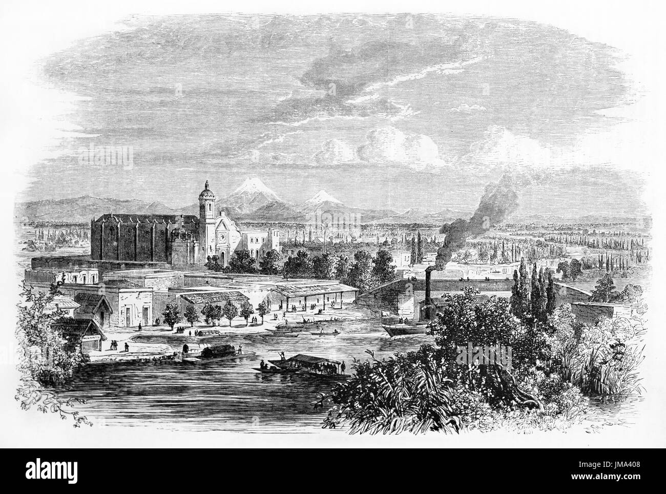 Grande vue sur le canal de San Chalco et le paysage urbain de Mexico. Horizon et les montagnes loin dans la distance. Art de Sabatier, le Tour du monde, 1861 Banque D'Images