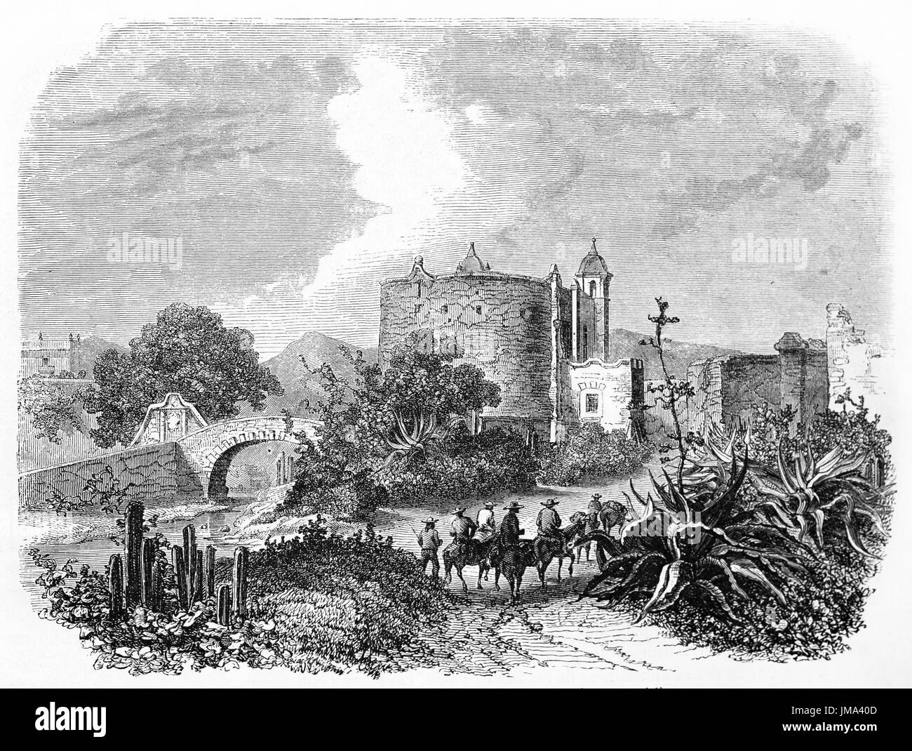 Porte de San Antonio, ville de Mexico, et des personnes à cheval marchant sur le chemin chaud vers la ville parmi la végétation mexicaine. Art de Sabatier, le Tour du monde, 1861 Banque D'Images