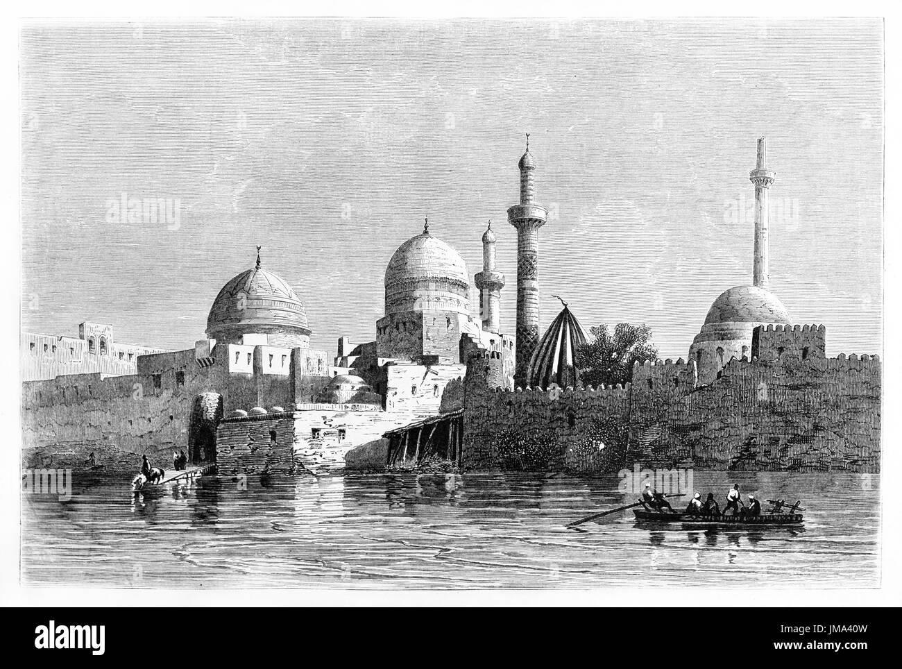 mosquée de Mossoul vue depuis l'eau plate de la rivière et les murs en pierre qui la bornent. Art de style gravure de tons gris antique par Flandin, le Tour du monde, 1861 Banque D'Images