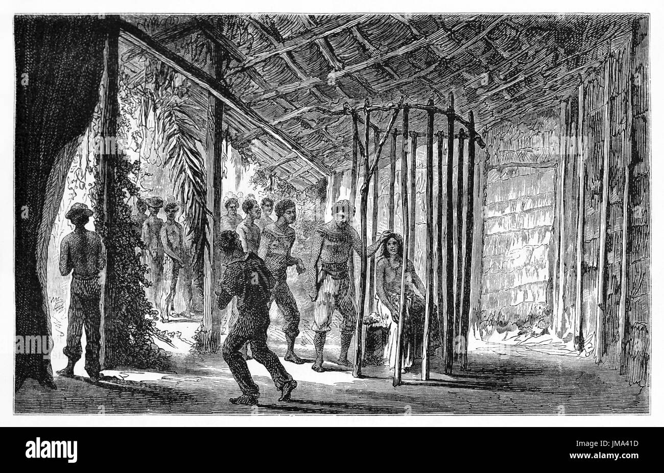 Mundurucu rite passage d'une fille de l'adolescence à la jeunesse dans une cabane à crépuscule din, bassin amazonien. Art de Riou, Biard et Dumont, le Tour du monde, 1861 Banque D'Images