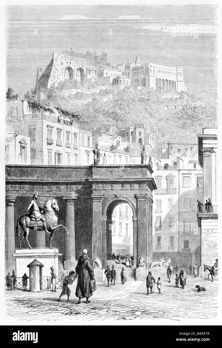 Naples, Italie : Castel Sant'Elmo (château Sant'Elmo) depuis la Piazza del Plebiscito (place du plébiscite). Art par Girardet, 1861 Banque D'Images