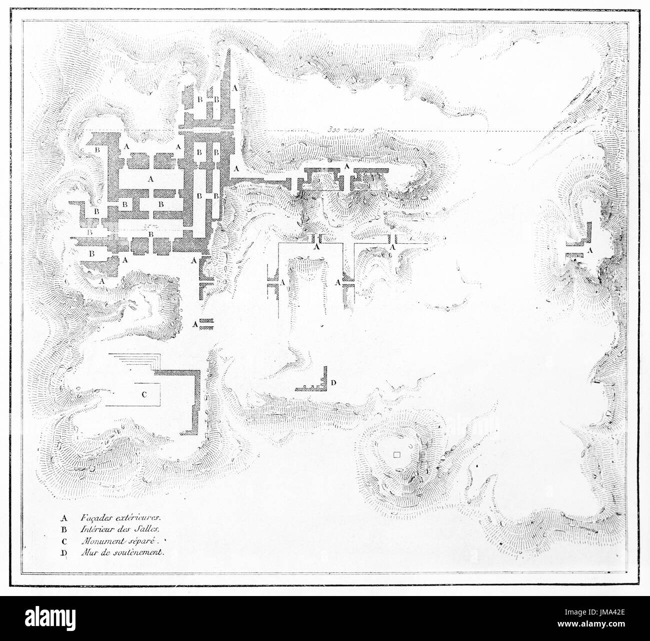 Vieux plan des ruines de Ninive. Légendes de carte et d'époque. Art de style gravure de tons gris anciens par Flandin, Ehrard et Bonaparte, le Tour du monde, 1861 Banque D'Images