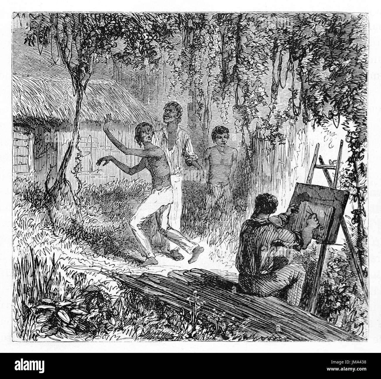Homme vivant et peignant avec un chevalet dans la jungle amazonienne devant des gens amazoniens émerveillés. Art par Riou, Board et Therington, le Tour du monde, 1861 Banque D'Images