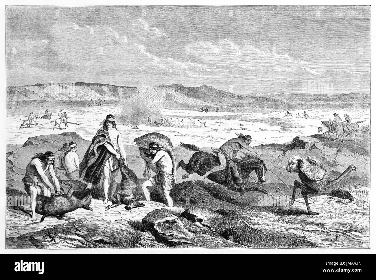 Indigènes patagoniens chassant des animaux sauvages à cheval et à pied sur un terrain plat rocheux. Art de style gravure en tons gris par Castelli, le Tour du monde, 1861 Banque D'Images