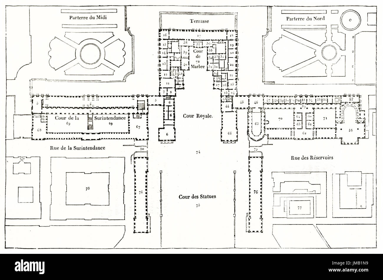 Ancien plan de Versailles. Par auteur non identifié, publié le Magasin Pittoresque, Paris, 1837. Banque D'Images