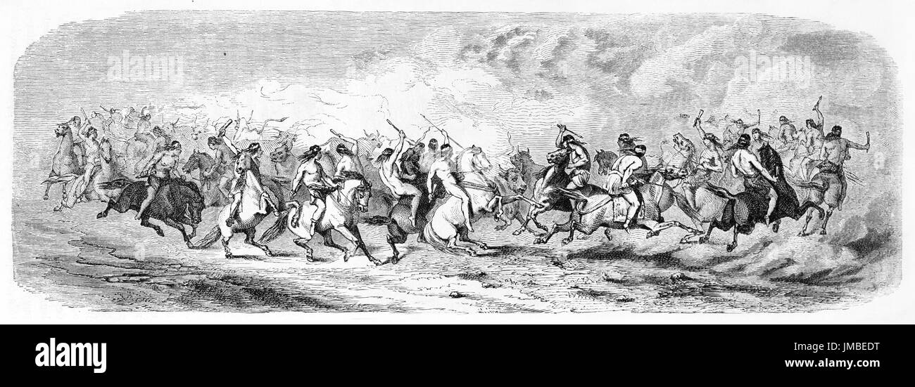 Patagonie indigènes propagitiatoire carrousel autour du bétail. Art horizontal antique organisé par Trichon et Chapon, le Tour du monde, 1861 Banque D'Images