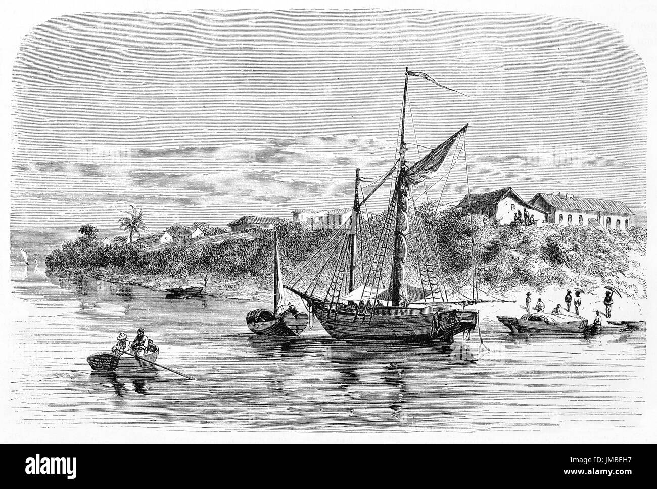 Petite ville sur la côte végétative, face à une mer calme et à des navires. Serpa, le long de l'Amazone, Brésil. Art par Riou, Biard et Maurard, 1861 Banque D'Images