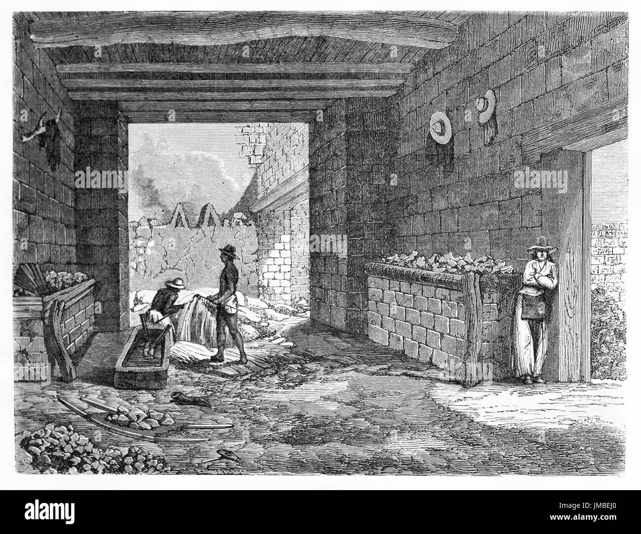Travailleurs dans une grande et haute salle de pierre dans l'intérieur de la fonderie d'argent de Corallitos, État de Chihuahua, Mexique. Art de style gravure par un auteur non identifié 1861 Banque D'Images