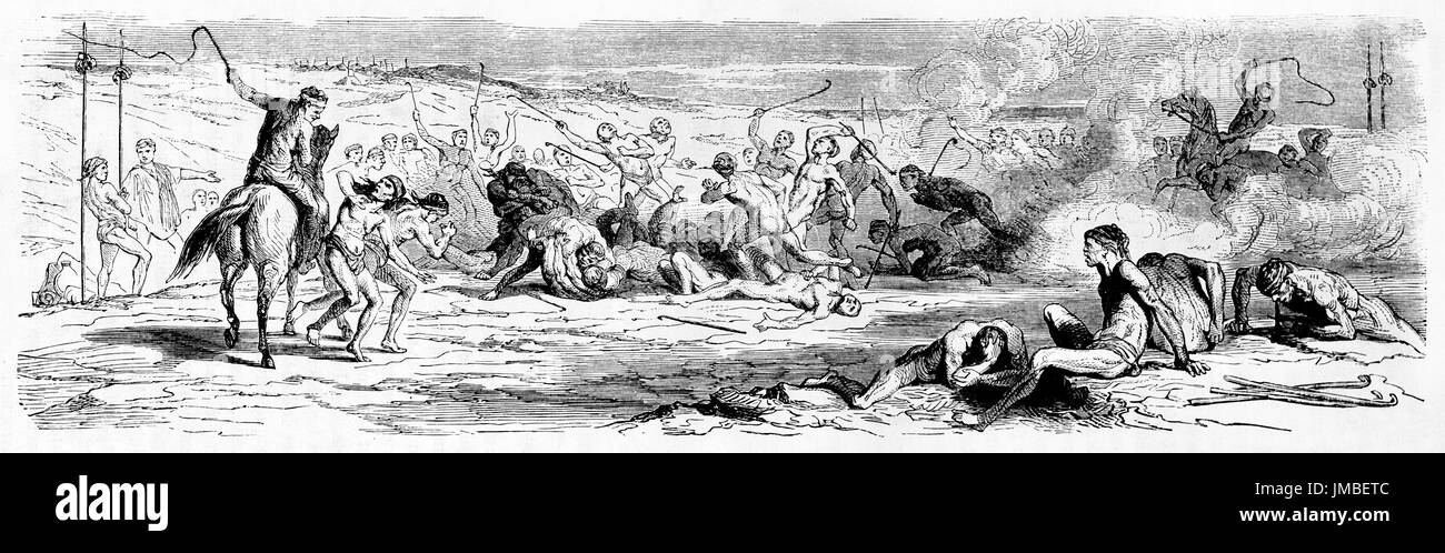 Jeu dur et violent joué par le groupe autochtone patagonien Tchoekah (Lacrosse). Art de style gravure de tons gris antique par Trichon, 1861 Banque D'Images
