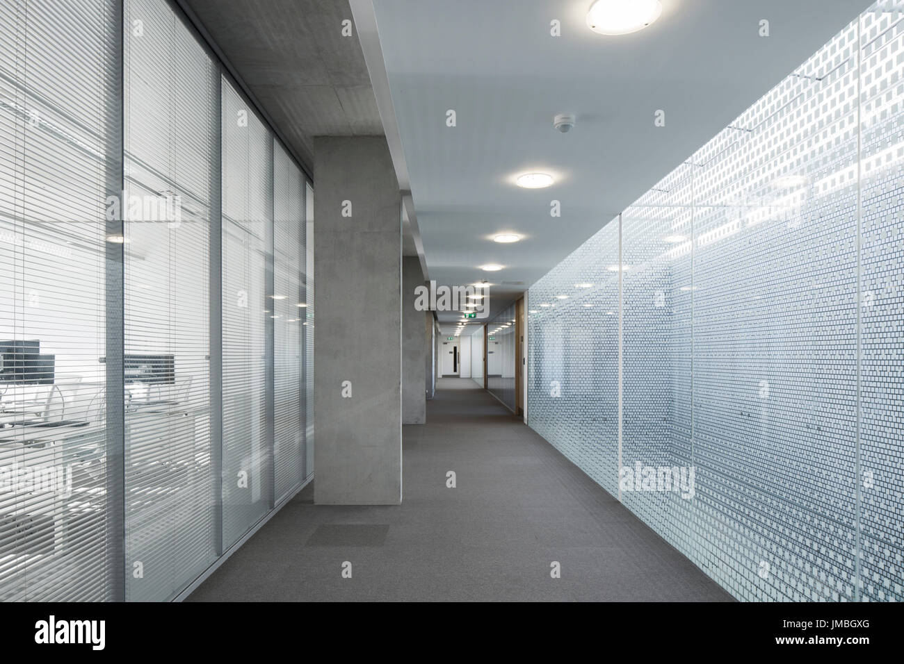 Vue du couloir avec cloison en verre. Le Conseil du comté de Roscommon Roscommon, bureaux municipaux, de l'Irlande. Architecte : ABK, 2016. Banque D'Images