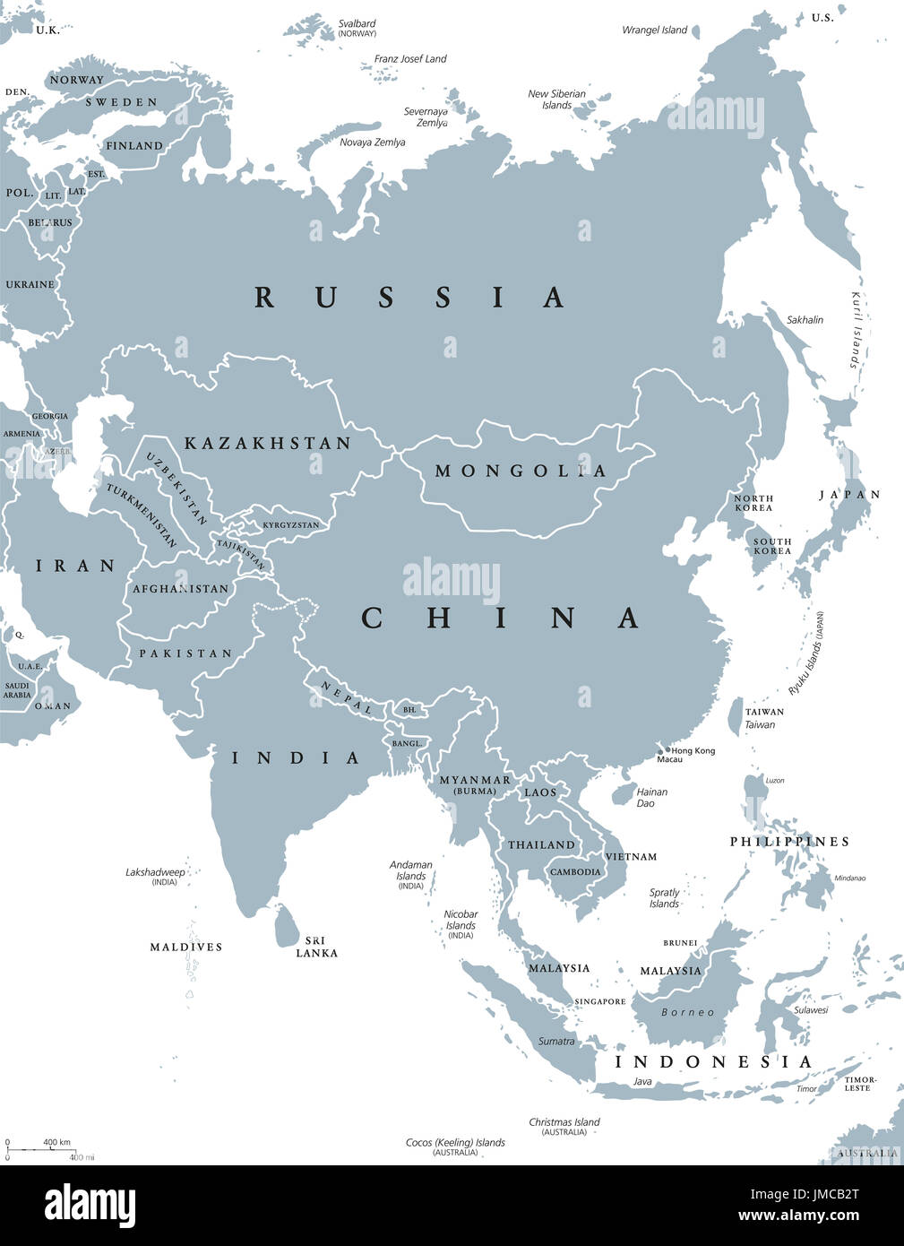 Carte politique de l'Asie avec des frontières et des pays. Plus grande et la plus peuplée du continent. Gris illustration sur fond blanc. L'étiquetage en anglais. Banque D'Images