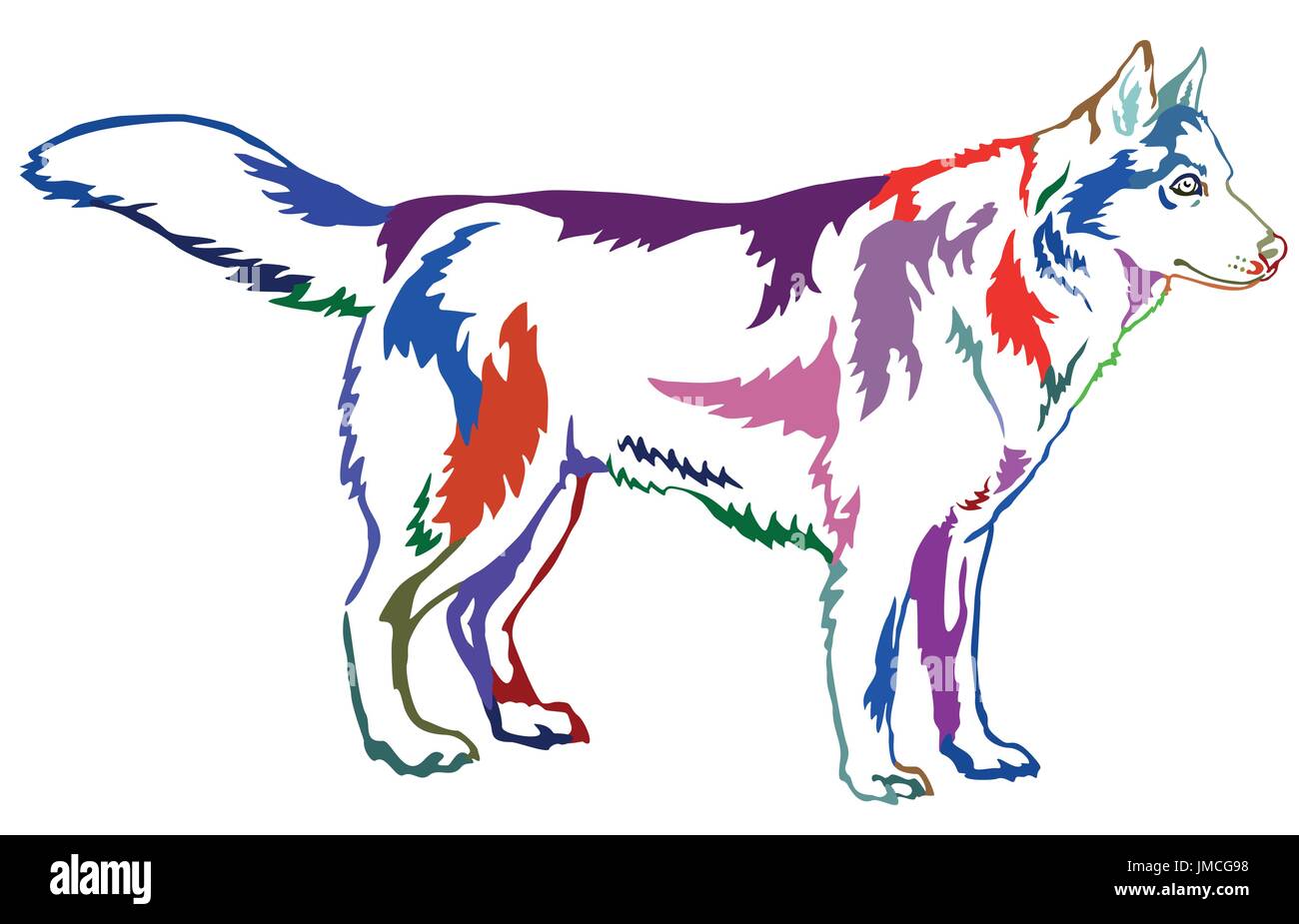 Contour décoratif portrait de profil de chien husky de Sibérie, vecteur illustration colorés isolé sur fond blanc Illustration de Vecteur