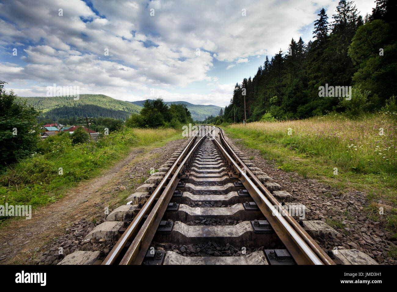 Railroad entrer dans les montagnes et belles distance contre ciel nuageux, près de la forêt. Paysage avec chemin de fer. Banque D'Images