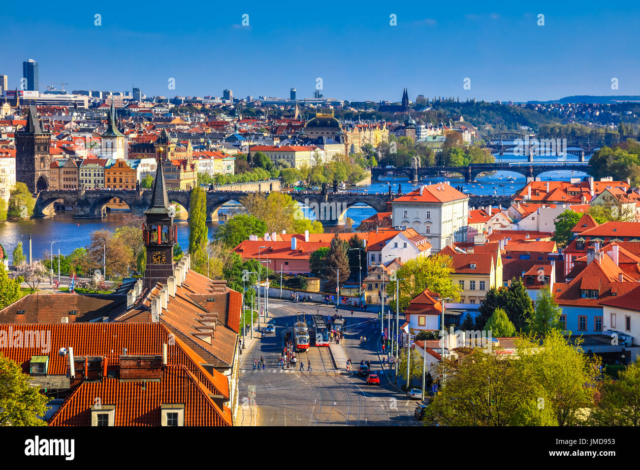 L'Europe, République tchèque, Tchéquie, Prague, l'UNESCO, Vieille Ville Historique Panorama avec des ponts sur la rivière Vltava (Moldau / avec le Pont Charles Banque D'Images