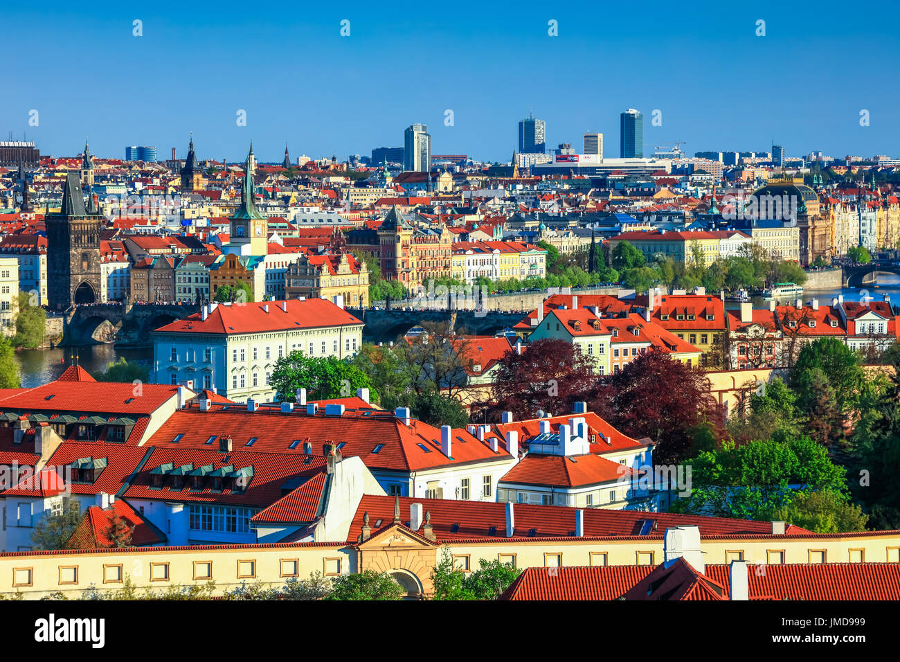 L'Europe, République tchèque, Tchéquie, Prague, l'UNESCO, Vieille Ville Historique Panorama avec des ponts sur la rivière Vltava (Moldau / avec le Pont Charles Banque D'Images