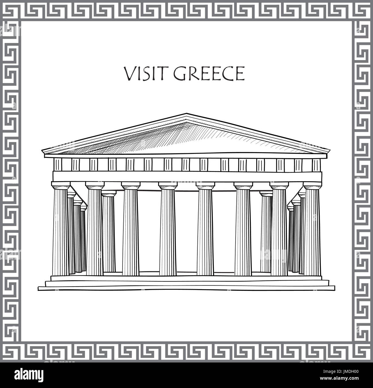 Acropole à Athènes, Grèce. Visiter la Grèce carte. Vecteur traditionnel grec ornement cadre. Banque D'Images