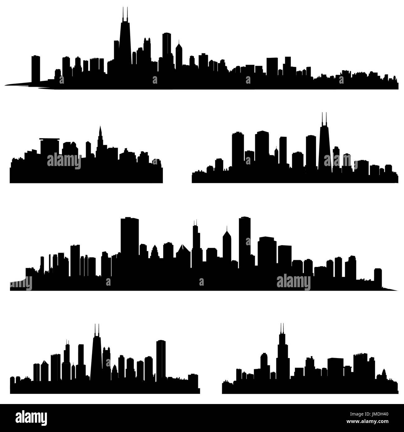 Ensemble de vecteurs de silhouette de ville. Panorama de la ville. Collection Skyline Urban Border. Banque D'Images
