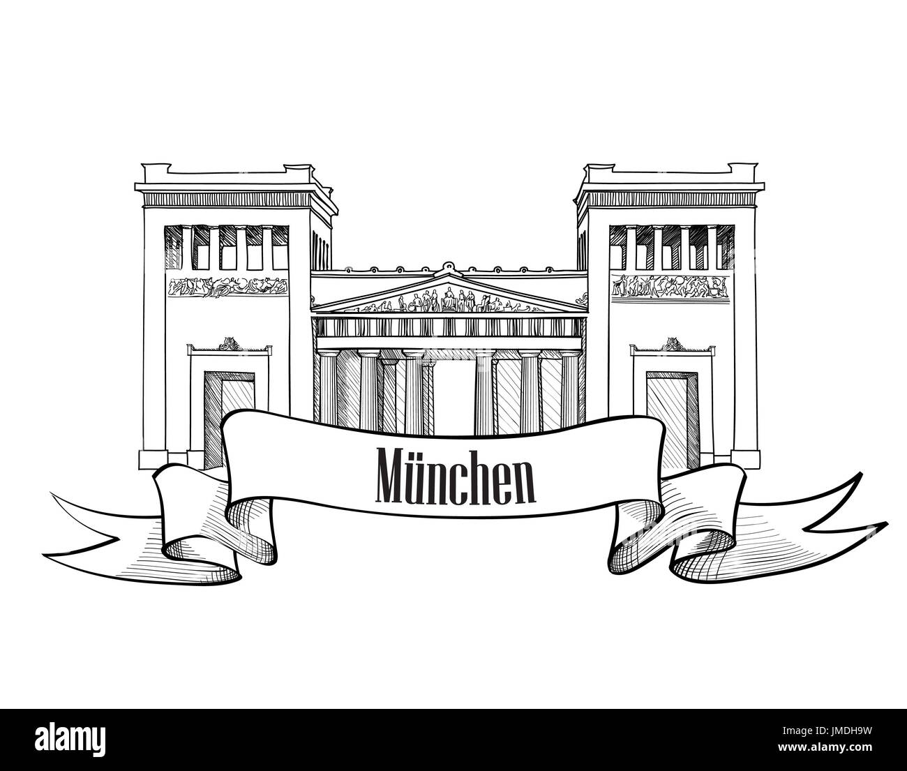 Munich célèbre city place Gateway (Propylaea), de l'Allemagne. transport bâtiment remarquable gravure façade sketch signe. Banque D'Images