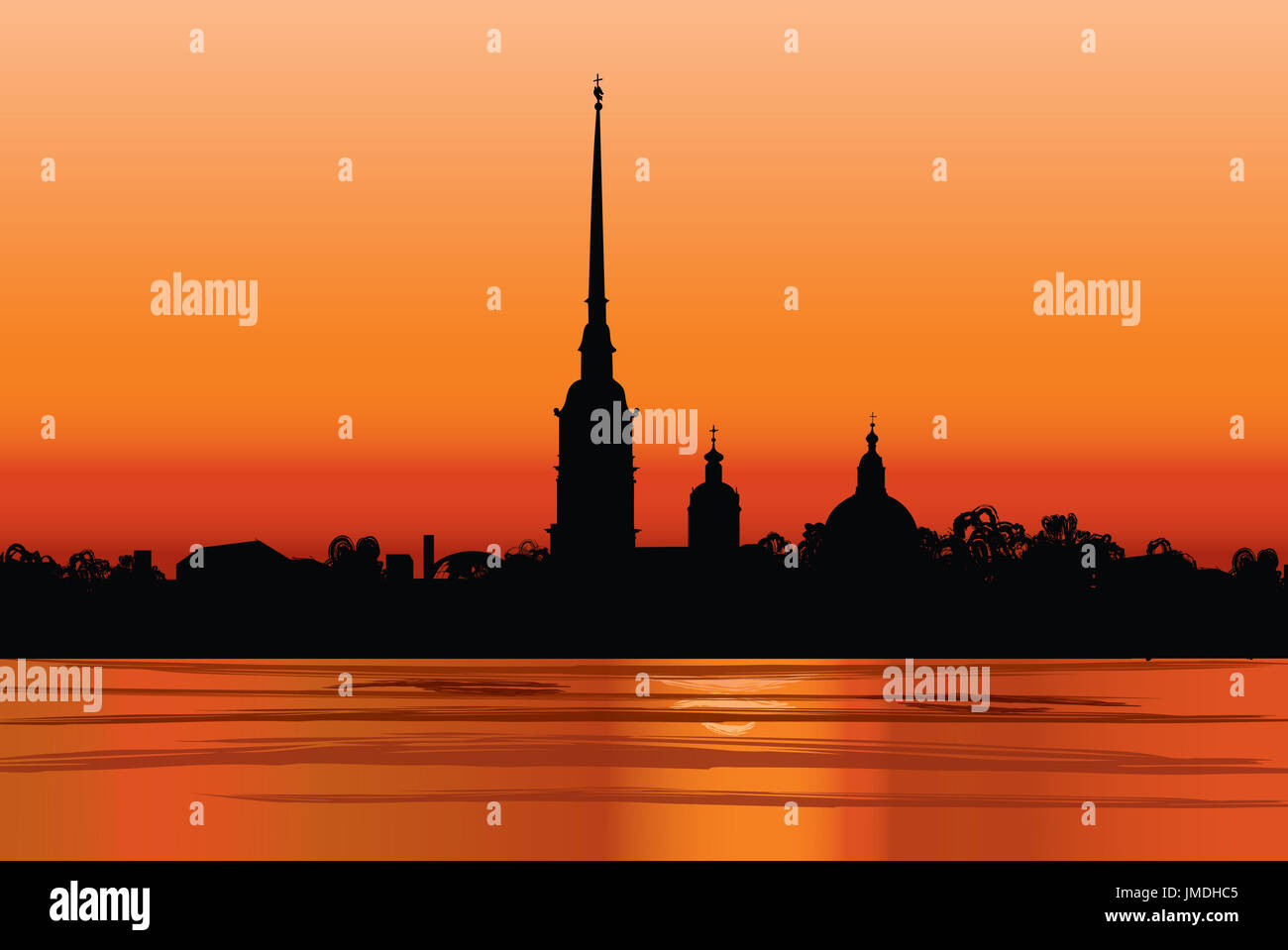 Historique de Saint-Pétersbourg, Russie. La Cathédrale Saint Pierre et Paul et de la forteresse, le lever du soleil vue depuis la rivière Neva. Cityscape russe zone vecteur silhouette Banque D'Images