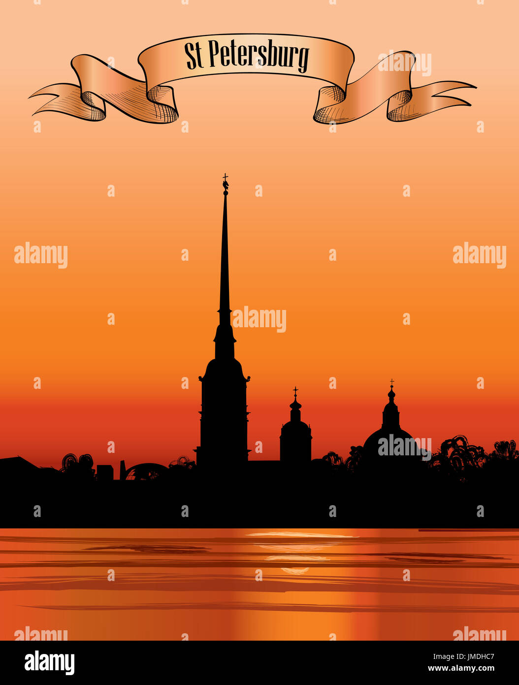 Historique de Saint-Pétersbourg, Russie. La Cathédrale Saint Pierre et Paul et de la forteresse, le lever du soleil vue depuis la rivière Neva. Cityscape russe zone vecteur silhouette Banque D'Images