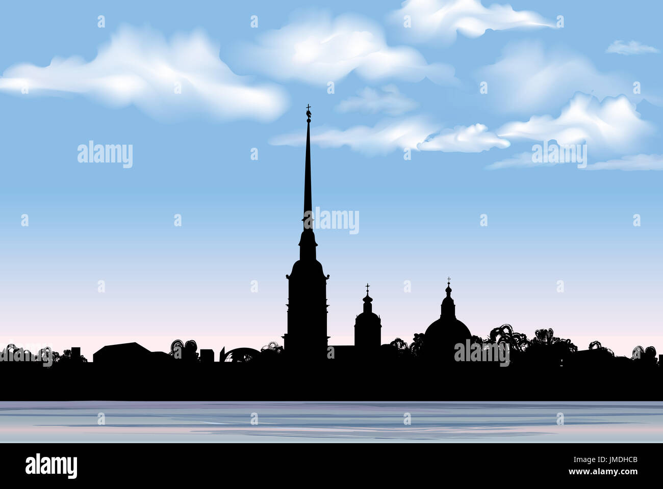 Historique de Saint-Pétersbourg, Russie. La Cathédrale Saint Pierre et Paul et de la forteresse, le lever du soleil vue depuis la rivière Neva. Cityscape russe zone vecteur silhouette Banque D'Images
