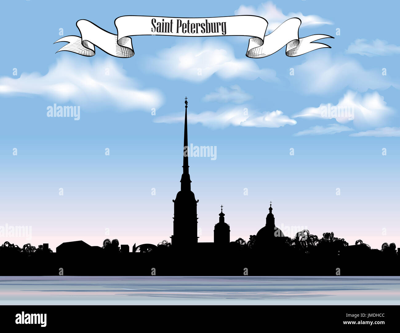 Historique de Saint-Pétersbourg, Russie. La Cathédrale Saint Pierre et Paul et de la forteresse, le lever du soleil vue depuis la rivière Neva. Cityscape russe zone vecteur silhouette Banque D'Images