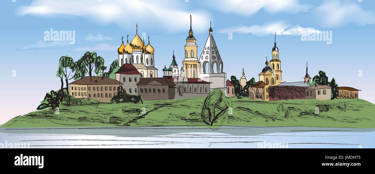 Paysage de la vieille ville russe avec église, dessin à la main illustration vectorielle. Ville de Kolomna. Vue sur le paysage urbain de Suzdal. L’anneau d’or de la Russie. Banque D'Images