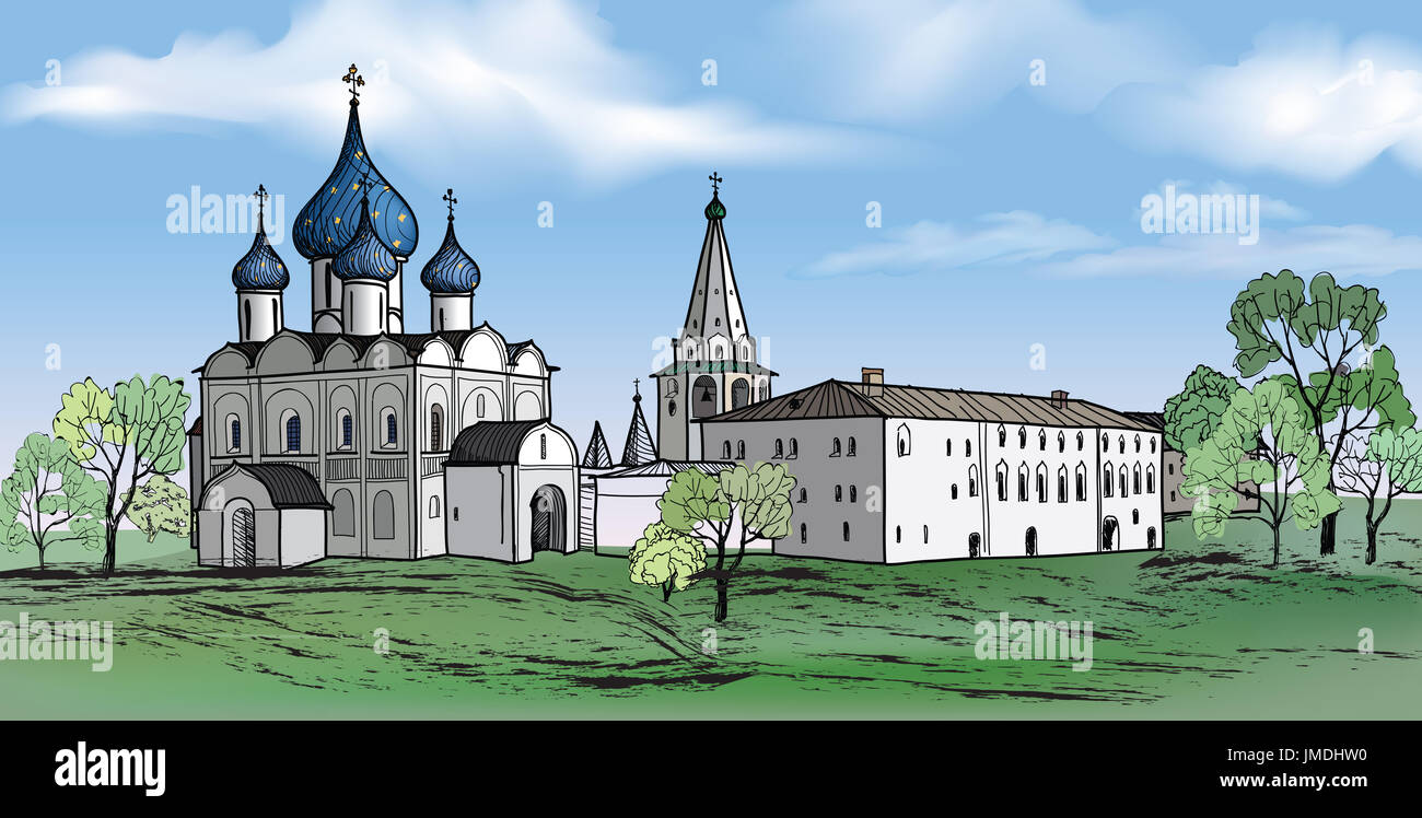 Vieille ville russe Paysage avec église. Croquis dessinés à la main, de l'illustration vectorielle Suzdal Kremlin. Vue de la ville de Souzdal. Banque D'Images