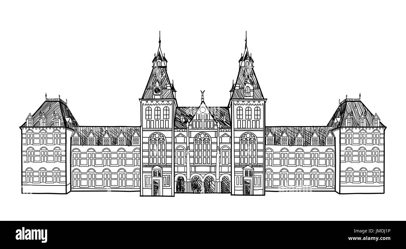 La ville d'Amsterdam. La gare ferroviaire centrale, Pays-Bas bâtiment historique. Architecture dessinés à la main, gravure d'époque Banque D'Images