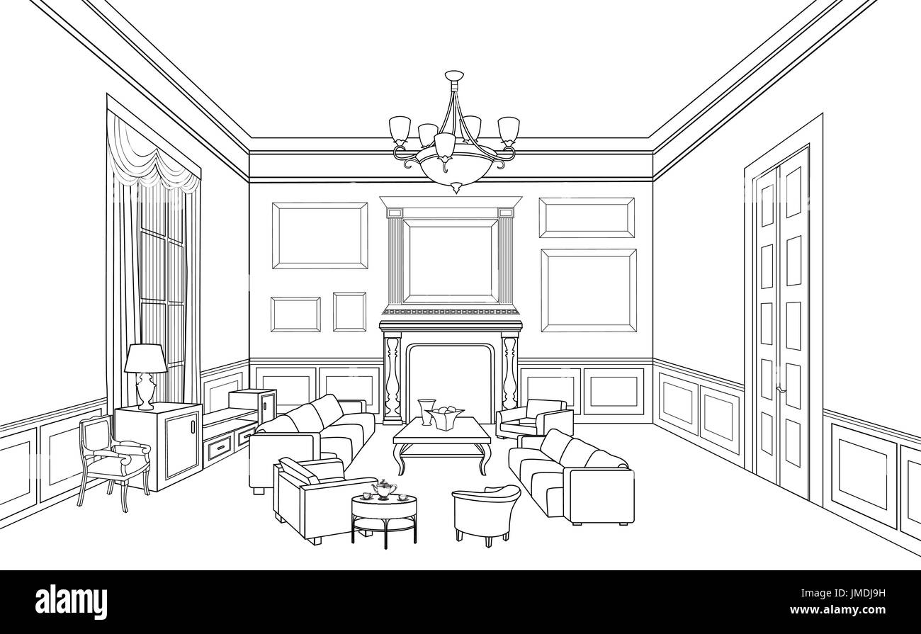 Accueil mobilier d'intérieur avec canapé, fauteuil, table. Dessin de salon design. Gravure dessin à la main vector illustration Banque D'Images