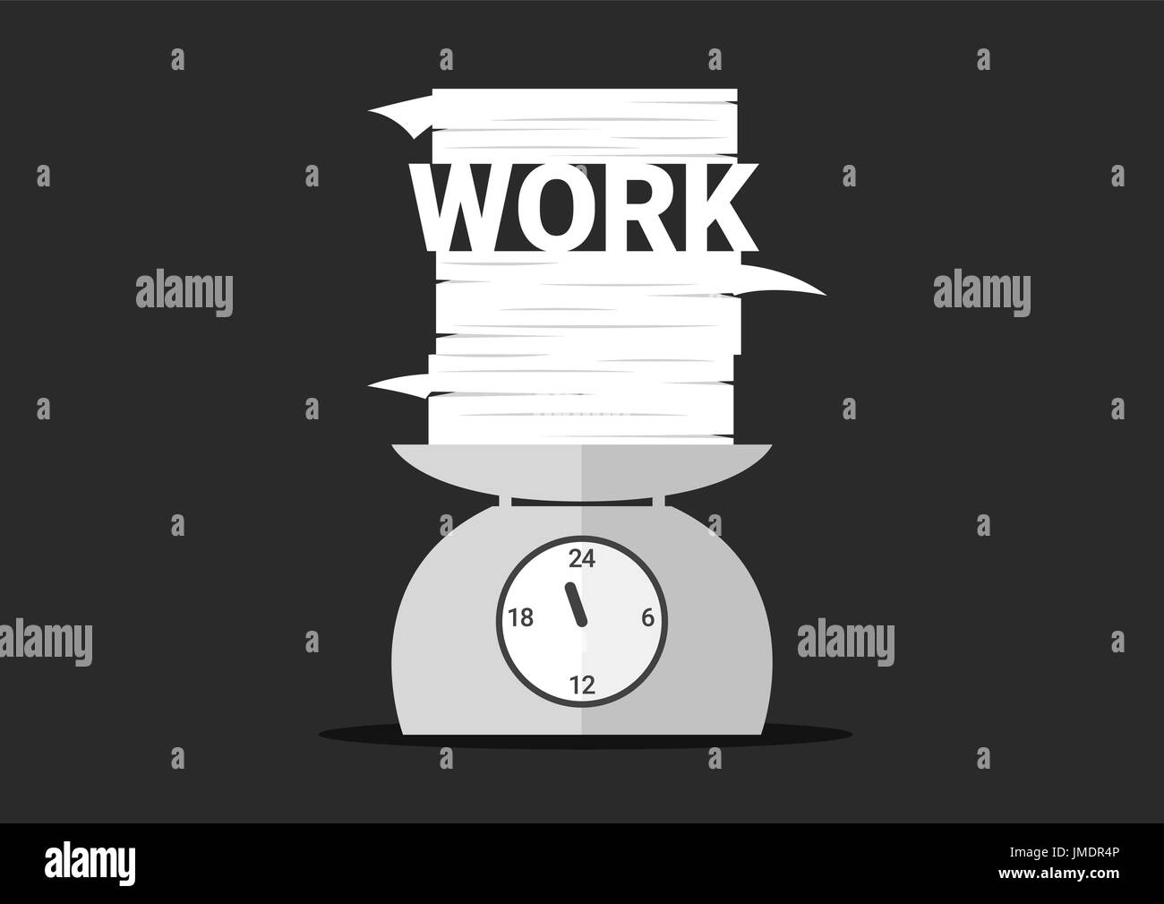 Faire des heures supplémentaires, de travail et de pile de papier sur horloge balances, 'Travail' mots et document ci-dessus un jour, échelles de temps, notion de bilan d'entreprise, vecteur illus Illustration de Vecteur