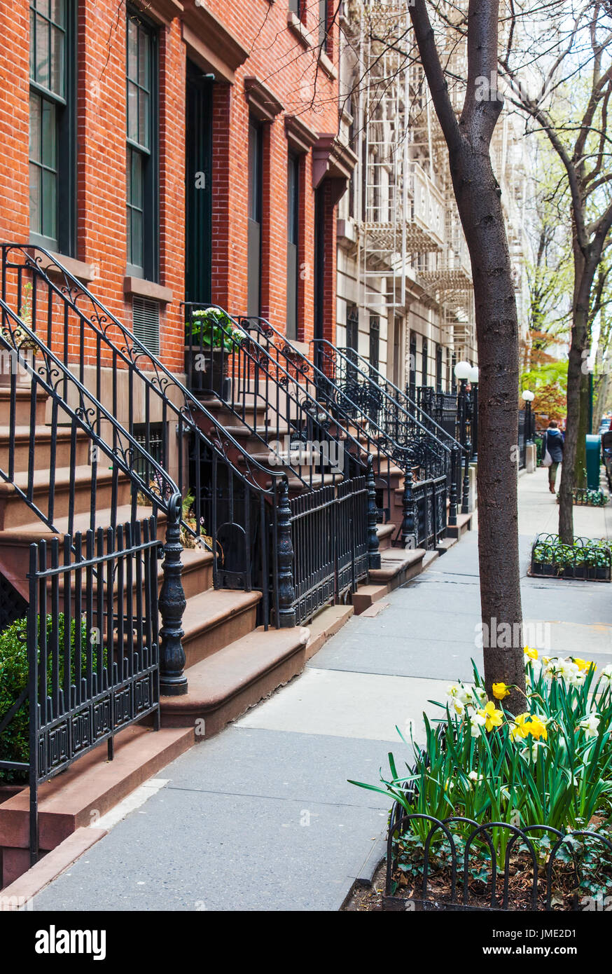 Les bâtiments en brique rouge classique brownstone avec fer forgé noir à Greenwich Village, New York City. Quartier chic. Les arbres de rue et les jonquilles Banque D'Images