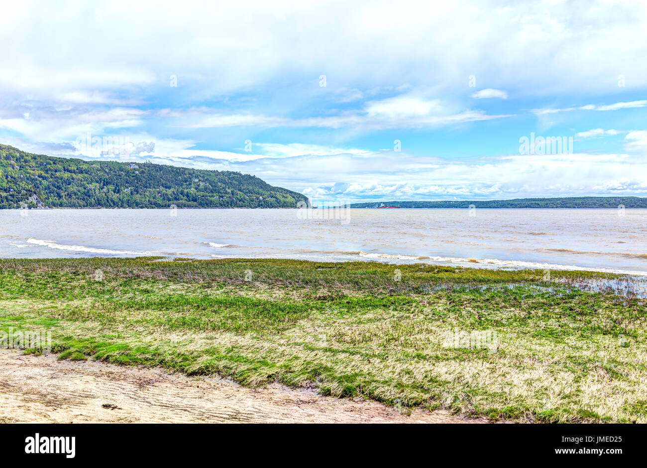 Baie-Saint-Paul au Québec, Canada et l'autre rive de la plage avec des vagues et de l'herbe verte Banque D'Images
