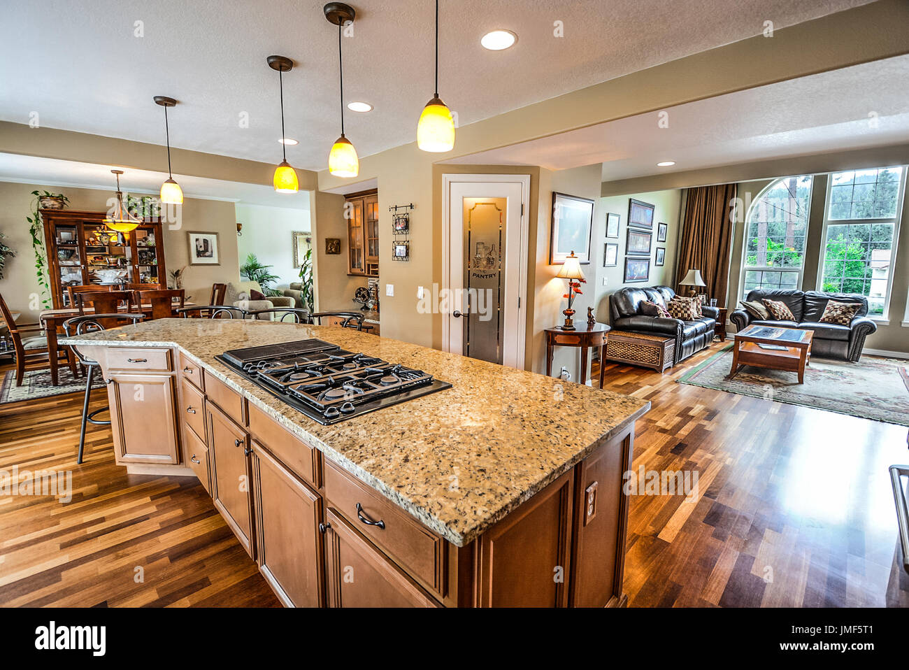 Maison de luxe spacieuse avec grande cuisine de granit haut de l'île Centre et plan d'étage ouvert et une grande chambre avec un grand mur de fenêtres Banque D'Images