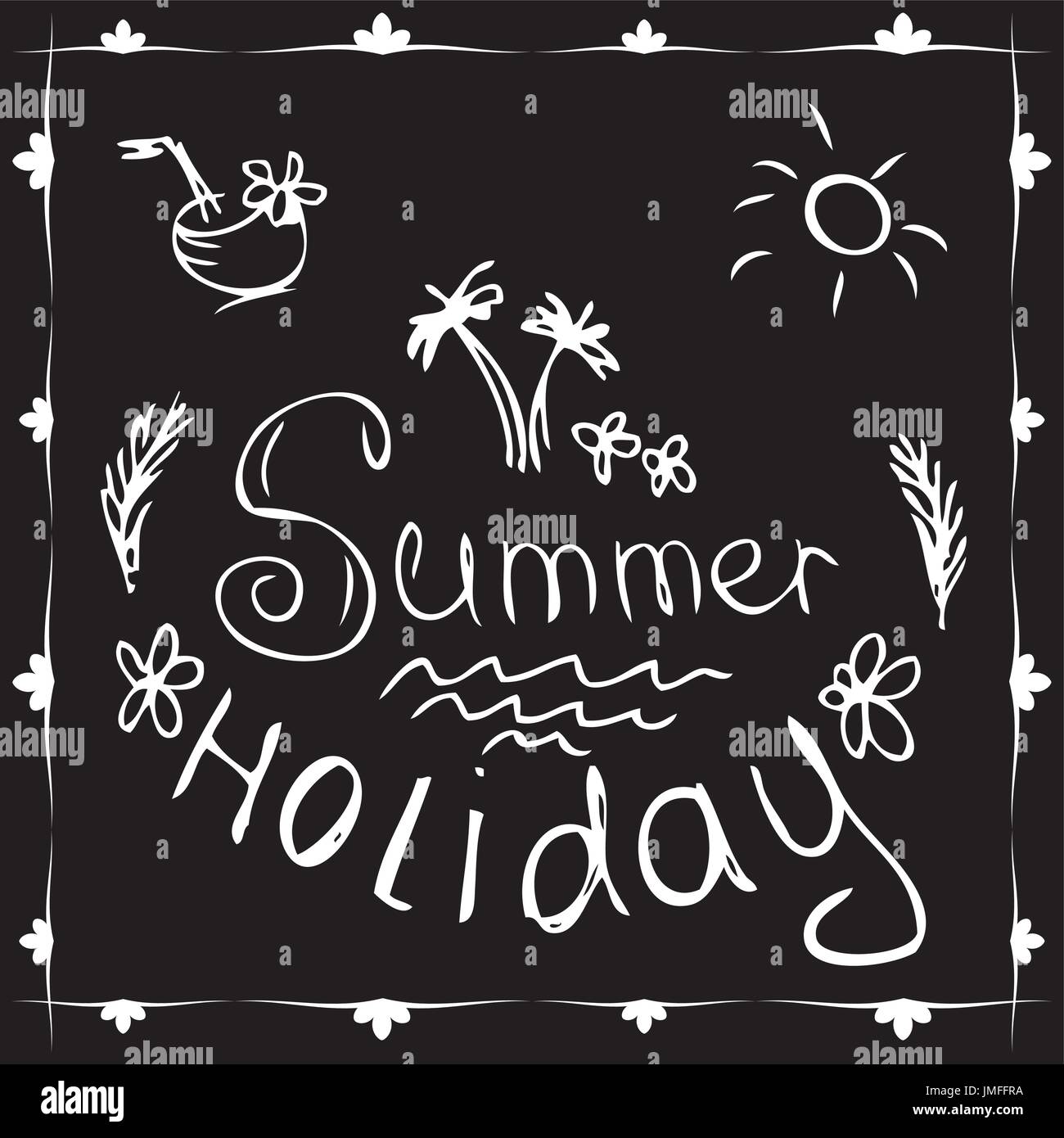 Typographie d'été plage avec icônes, T-shirt graphique sur fond noir. Vector illustration. Bannière de symboles lumineux simple de vacances. Illustration de Vecteur