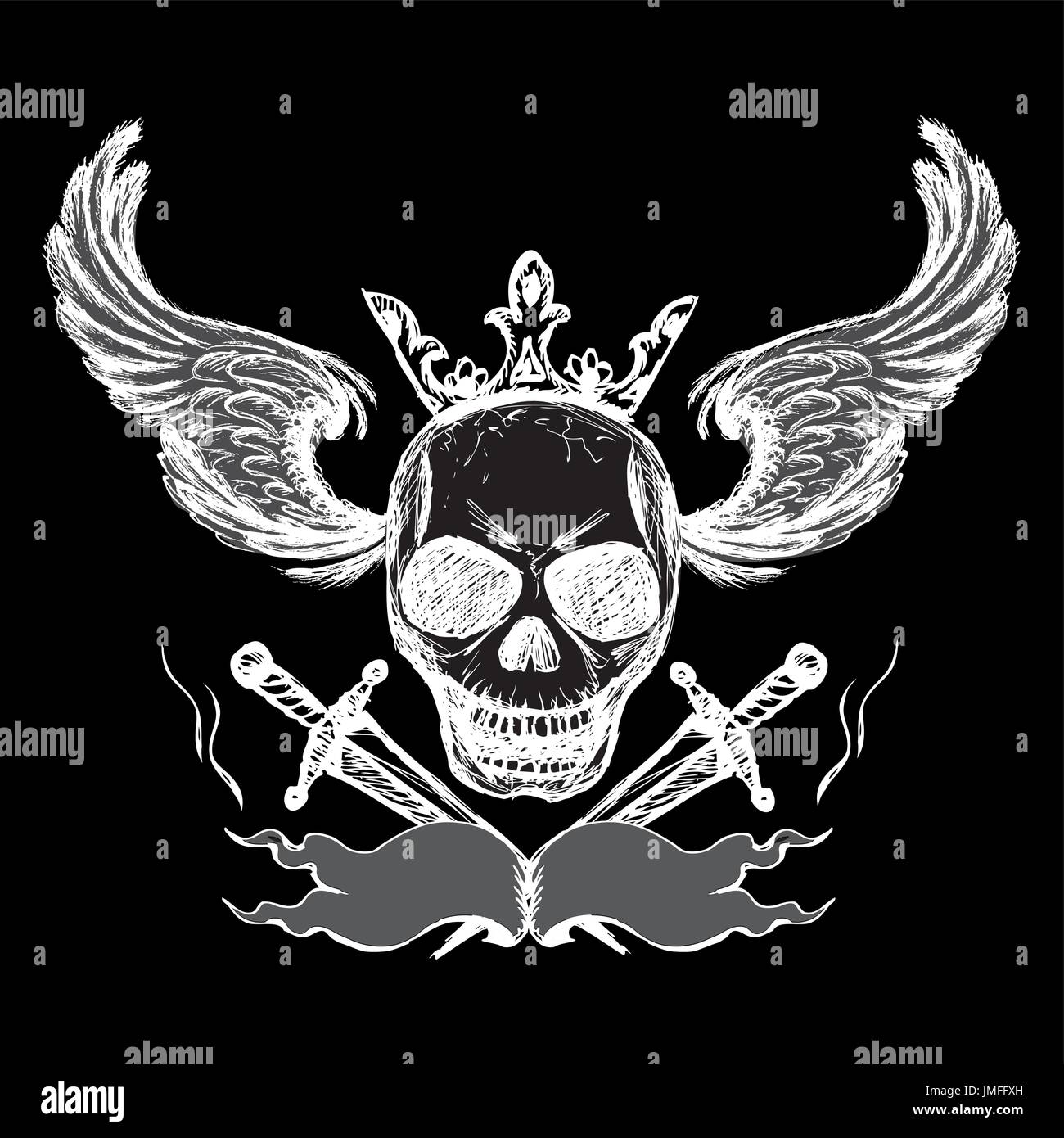 Tatouage ailes crânes sur noir, dessin à la main,vector Illustration de Vecteur