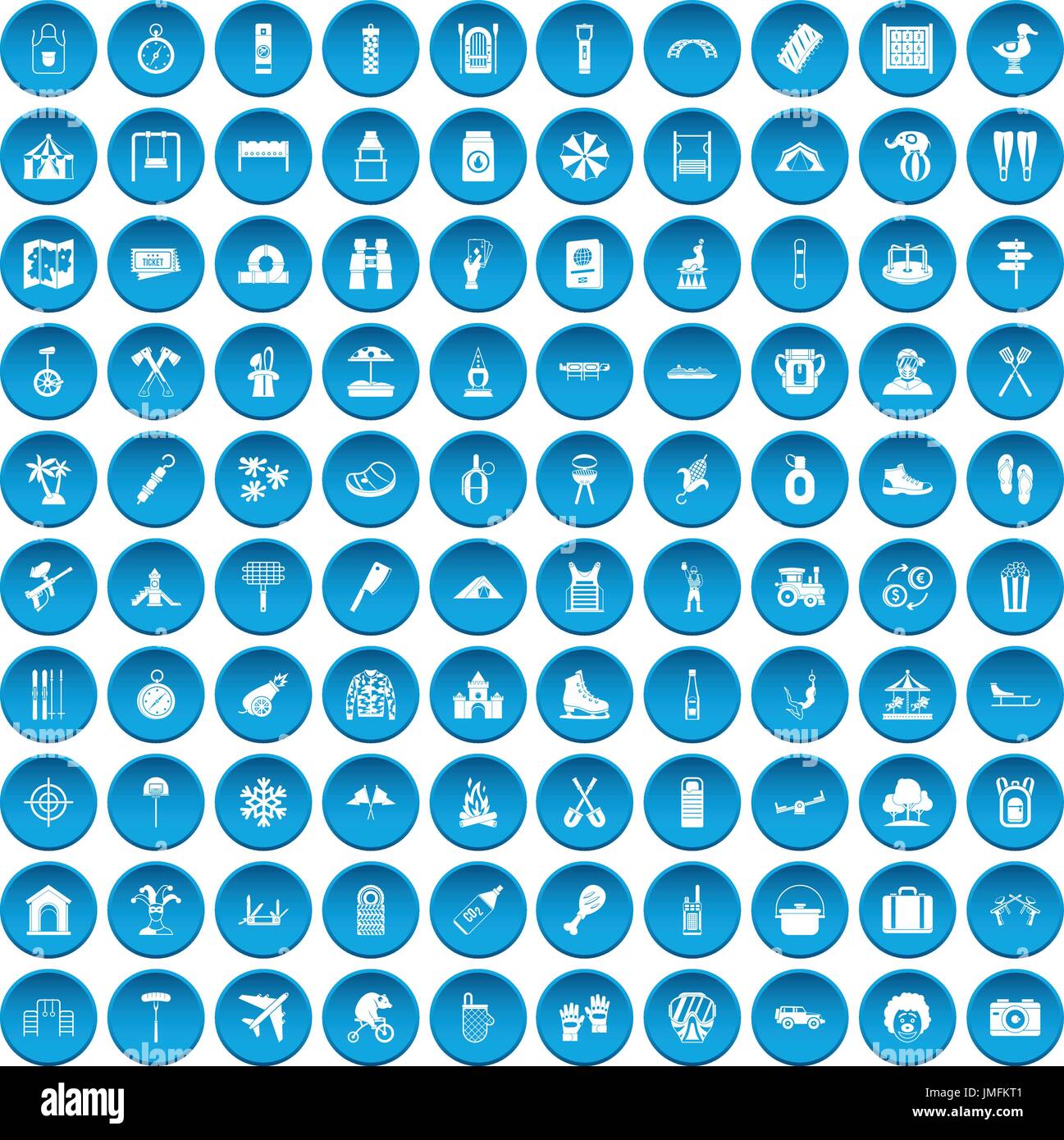 100 famille vacances blue icons set Illustration de Vecteur