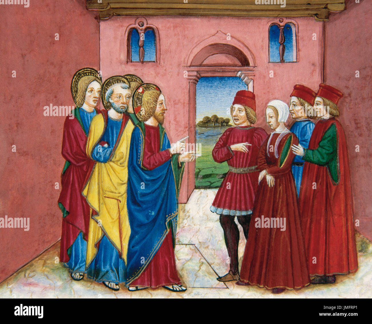 Cristoforo de Predis (1440-1486). Miniaturiste italien. Les Pharisiens qui miniature dépeignant devant Jésus une femme accusée d'adultère. Dans les histoires de Saint Joachim, Sainte Anne, la Vierge Marie, Jésus, le Baptiste et la fin du monde, 1476, écrit par Galeazzo Maria Sforza (1444-1476). Bibliothèque royale. Turin. L'Italie. Banque D'Images