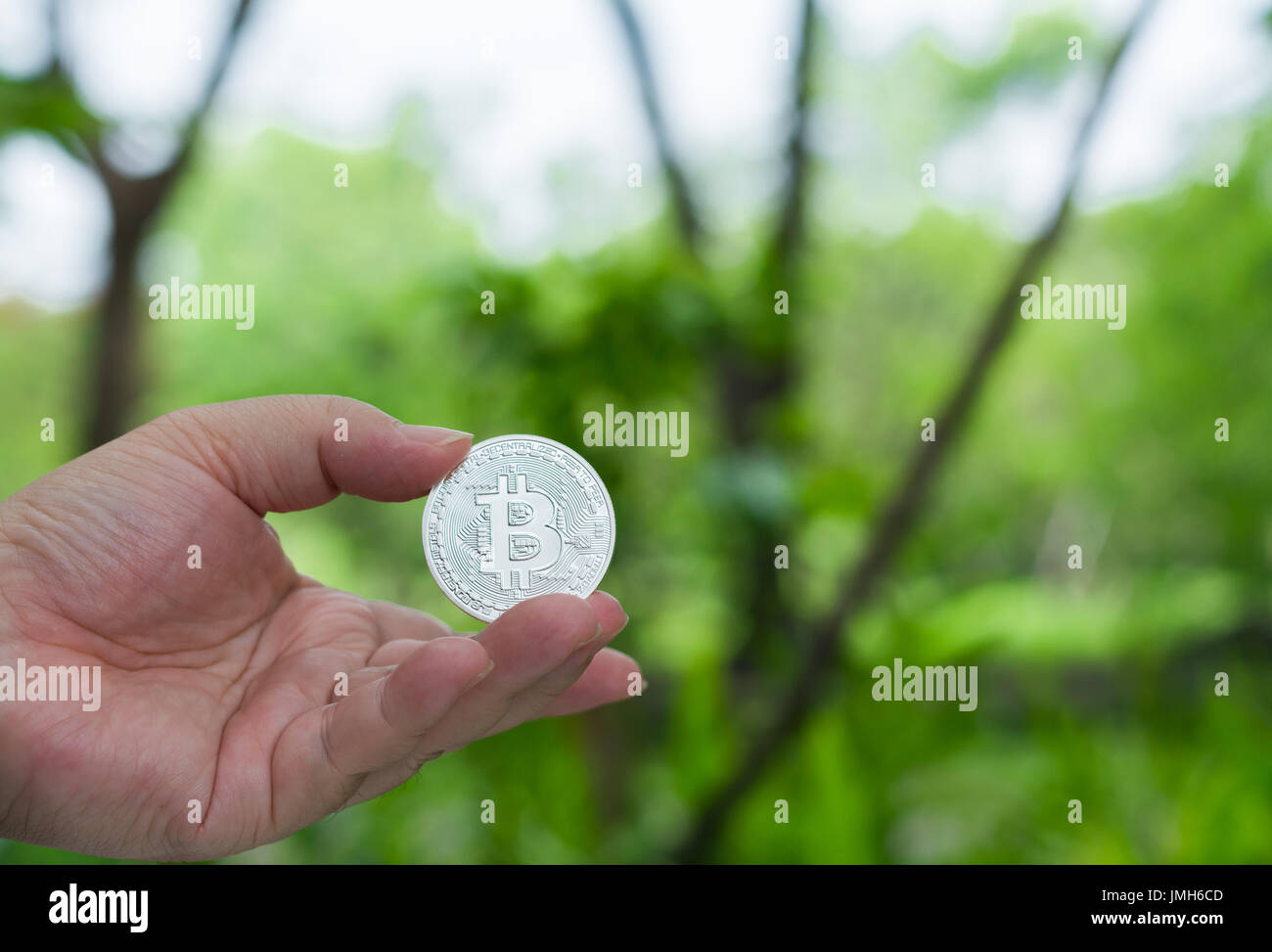 Hand holding silver avec Bitcoin green fond naturel. Banque D'Images