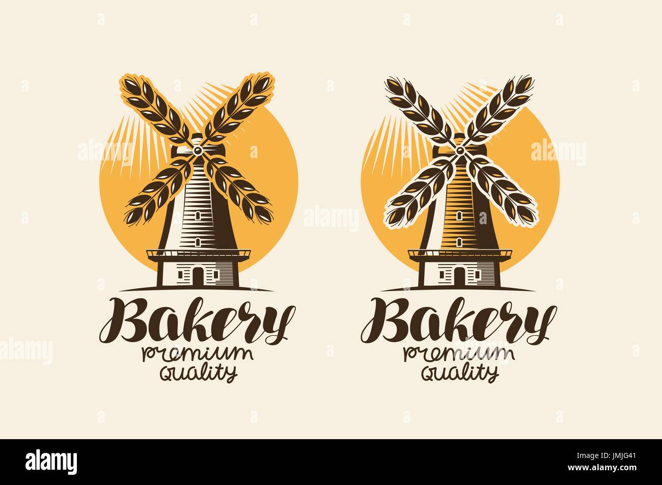 Boulangerie, boulangerie logo ou label. Mill, moulin à vent, symbole du pain de blé, de l'oreille. Lettrage, vintage vector illustration Illustration de Vecteur