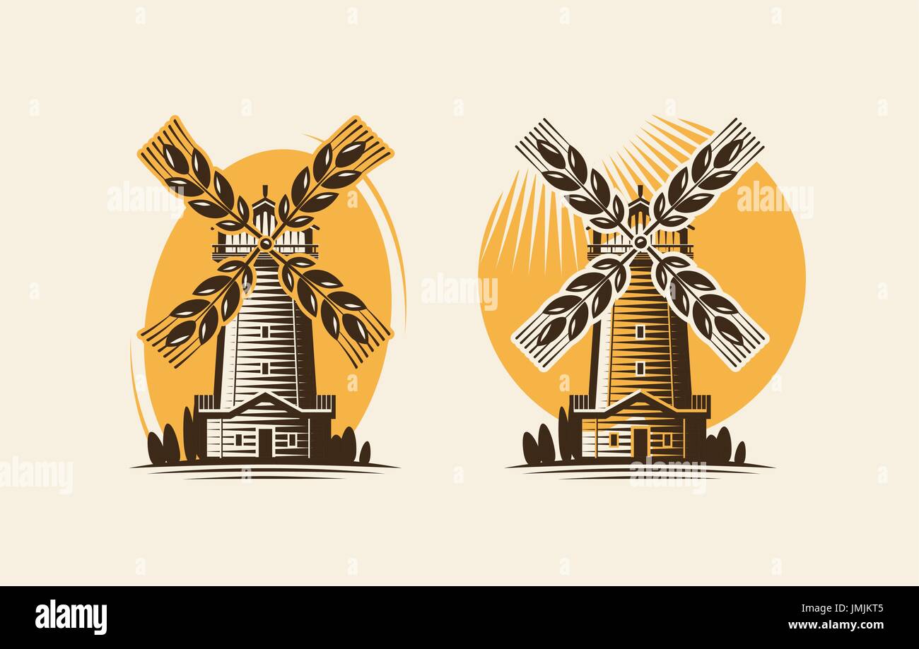 Moulin à vent, moulin à blé et de l'oreille. Boulangerie, ferme, l'industrie agricole logo ou une icône. Vector illustration Illustration de Vecteur